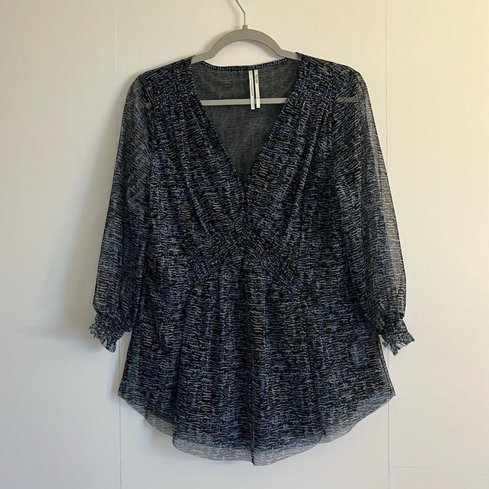Anthropologie Gretchen Smocked Tunic Size M Blue Black Sheer Fairy Whimsigoth